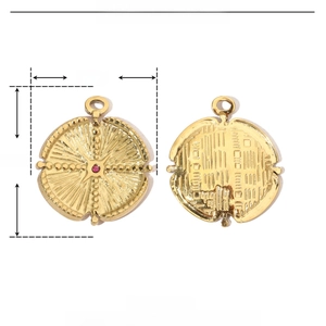 Technical dimensions of gold stainless steel round pendant with red rhinestone