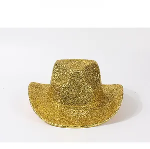 Detailed view of shimmering gold glitter finish on a stiff-brimmed cowboy hat