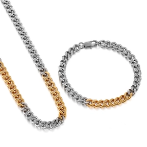 Minimalist two-tone gold and silver Cuban chain necklace and bracelet set in polished steel