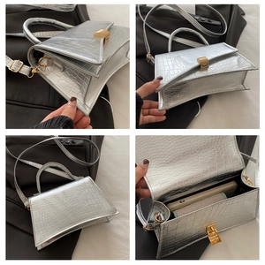 Detailed views of silver crocodile pattern bag showing lock, side profile and inner capacity
