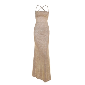 Elegant champagne sequin maxi dress with spaghetti straps and open back design