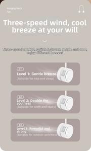 Detail of white hanging neck fan with three adjustable speed levels for versatile airflow