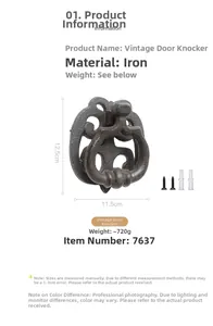 Detailed specs of the vintage cast iron door knocker measuring 12.5cm by 11.5cm and 720g