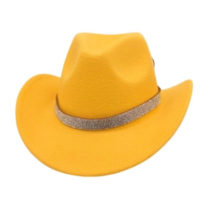 Bright yellow wool felt cowboy hat featuring a sparkling rhinestone decorative band