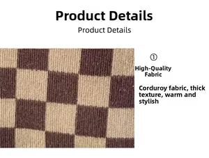 Detailopname van dikke corduroy stof met een bruin en beige schaakbordpatroon