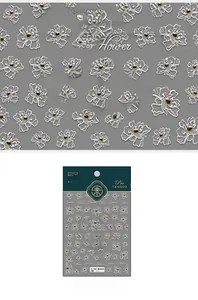 5D geprägte weiße Blumen-Nagelaufkleber mit Goldakzenten, Modell TS-1584 im Detail