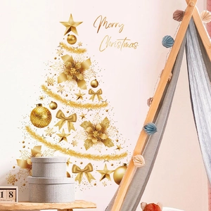 Christmas Tree Wall Sticker Gold PVC Removable Decal Merry Christmas Lettering Star Bow Flower For Holiday Home Decoration