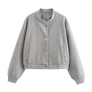 Close-up of light gray wool blend baseball jacket with ribbed collar and metal buttons