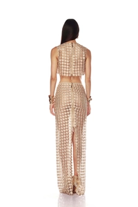 Detailed back view of a beige lace two-piece set with a crop top and fishtail maxi skirt