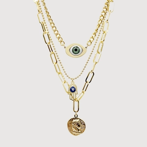 Layered Necklace Evil Eye Hamsa Hand Coin Stainless Steel Enamel Bohemian Vintage Gold Plated Jewelry For Women