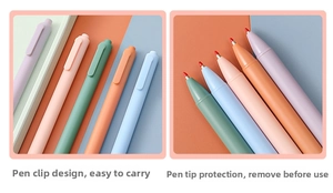 Detail view of colorful retractable gel pens with matte barrels and protective wax tips