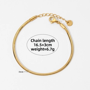 Detail view of 2mm gold snake chain bracelet showing 16.5cm length and lobster clasp