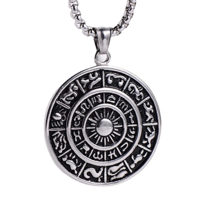 Vintage Viking solar sun medallion necklace with engraved astrology zodiac runes