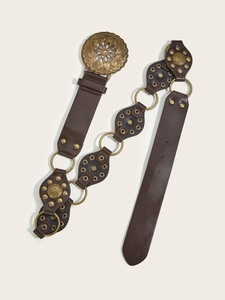 Women Retro Bohemian Belt Faux Leather Metal Round Hollow Carved Buckle Wide Waist Strap Rivet Patchwork Y2K Western Style