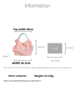Detailed dimensions of pink floral rabbit canvas tote bag with A4 size comparison guide