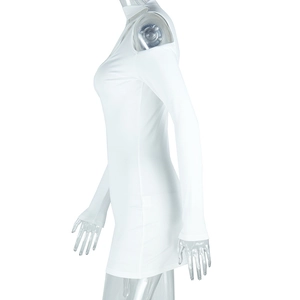 Side view of white off-shoulder long sleeve mini dress on transparent mannequin
