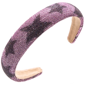Close-up of padded headband with purple and grey rhinestone star patterns and thick fabric lining