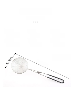 Macro view of stainless steel spider strainer with black handle and 10 inch mesh specifications