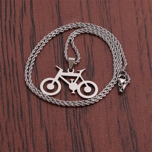 Titanium steel bicycle pendant necklace with polished rope chain on dark wood surface