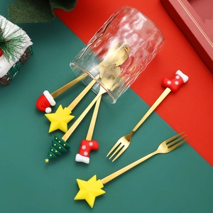 Christmas themed stainless steel gold dessert spoons and forks with silicone figures