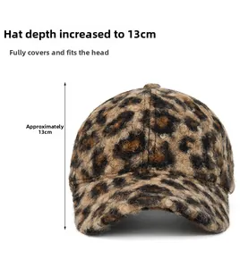 Detailed view of leopard print baseball cap featuring 13cm depth for full head coverage