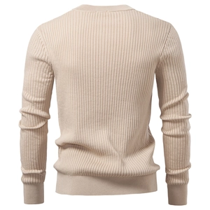 Detail view of the ribbed knit texture on the back of this beige men's long sleeve sweater