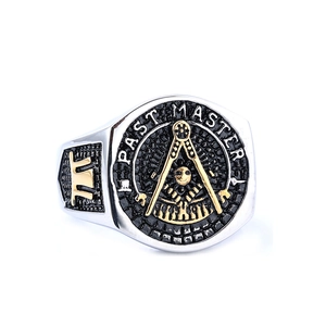 Vintage stainless steel Freemason Past Master ring for men in silver and gold contrast