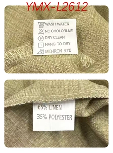 Detail view of clothing label showing 65% linen and 35% polyester fabric composition