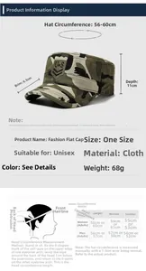 Detailed size chart for camouflage military cap showing brim, depth, and head circumference