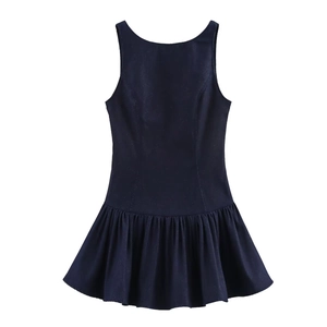 Mini robe sans manches bleu foncé coupe ajustée avec fini pailleté et jupe évasée en ligne A