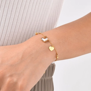 Golden heart charm bracelet with pearl shell inlay and love engraving for women