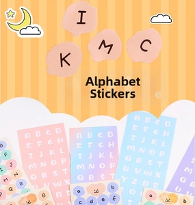 Alphabet stickers set with pastel letters and cute cartoon bear illustrations for DIY scrapbooking