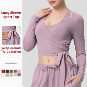 Women's Long Sleeve Yoga Top Wrap Around Tie Front Slim Fit Athletic Sports Gym Fitness Workout T-Shirt