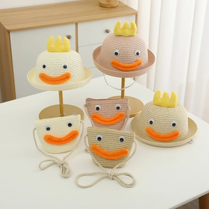 Ensemble chapeau de soleil en paille et sac bandoulière dessin animé pour enfant