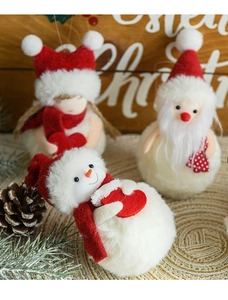 Detailed view of plush snowman and Santa ornaments set on a rustic festive background