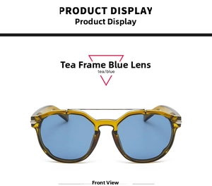 Front view of tea-colored frames with blue lenses and metal double bridge sunglasses