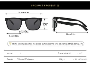 Polarized sunglasses size chart showing frame width 14.4cm and PC material specifications