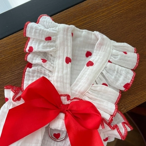 Close-up of pet dress with heart prints, red bow detail and metal D-ring attachment
