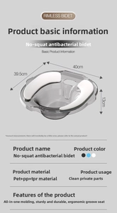 Detailed view of grey sitz bath basin dimensions and PET/PP material specifications
