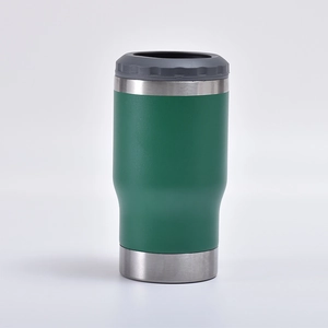 Detailed close-up of green matte 14oz can cooler with stainless steel rings and top seal