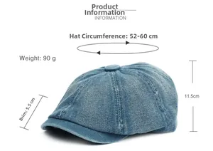 Detailed sizing chart for denim beret hat with adjustable 52-60cm circumference