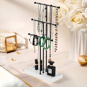 3-tier metal T-bar jewelry display stand with white marble base for watches and necklaces
