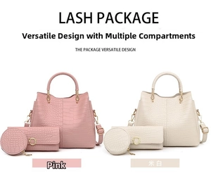 Three-piece set featuring crocodile pattern tote bag, clutch, and round pouch in pink and beige