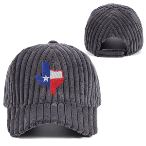 Detail of grey corduroy baseball cap featuring Texas flag embroidery and adjustable strap