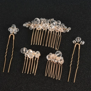 5-piece vintage gold baroque bridal hair comb and pin set with clear crystal beads