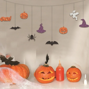 Halloween glitter banners featuring pumpkins and bats for party scene decoration
