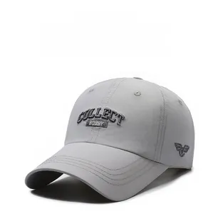 Close-up of lightweight light grey baseball cap with COLLECT HOBBY embroidery and mesh fabric