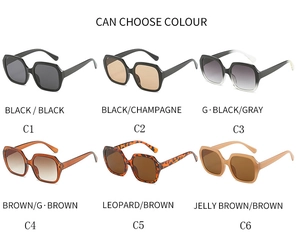 Multiple color options of retro oversized polygonal sunglasses shown in a six-grid layout