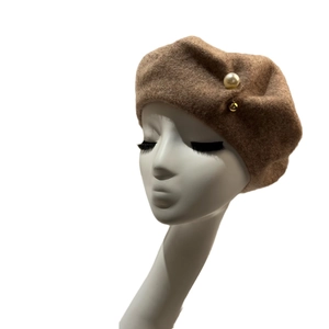 French style wool beret with pearl accents in dark camel color shown on a white mannequin