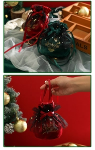 Detail of velvet Christmas gift bags with gold foil lettering and sequin mesh trim